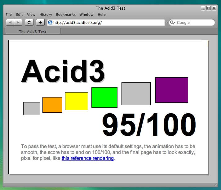 Safari 3.1通过升级WebKit引擎取得ACID3的95/100好成绩